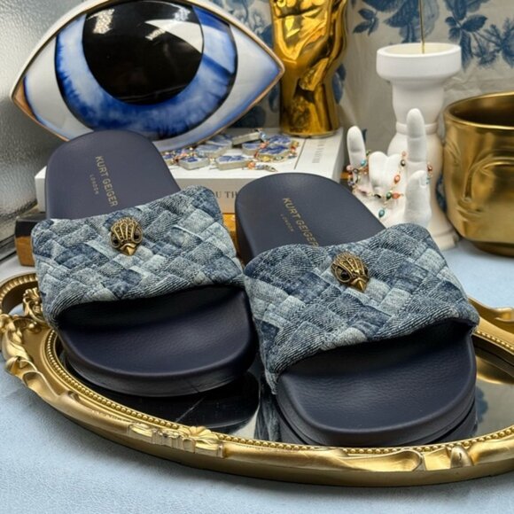 🆕 KURT GEIGER LONDON 🧿 NWOB Blue Denim Meena Eagle Slides, Sz EU 40.5 US 9.5 - Picture 5 of 14